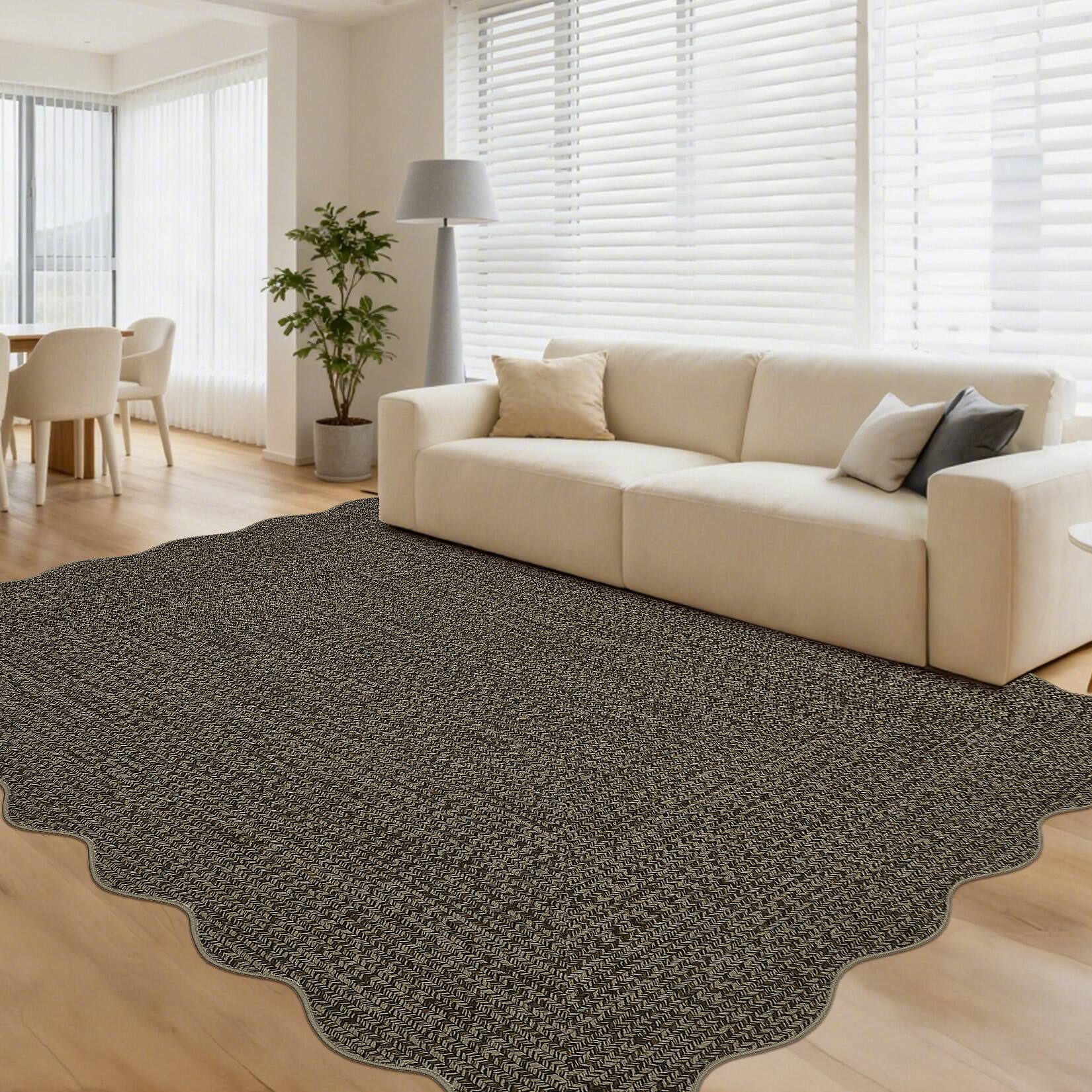 Front. GARVEE - Modern Textured Scalloped BorderArea Rug Braided Print Pattern Low Pile Washable Non Slip Rug for Dining Bedroom - Brown.