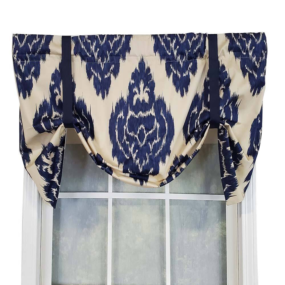 RLF Home - Flame Large Damask Flame Design Tie-Up Window Treatment Valance 3" Rod Pocket 50" x 23" Navy Blue/Ivory - Navy blue ivory
