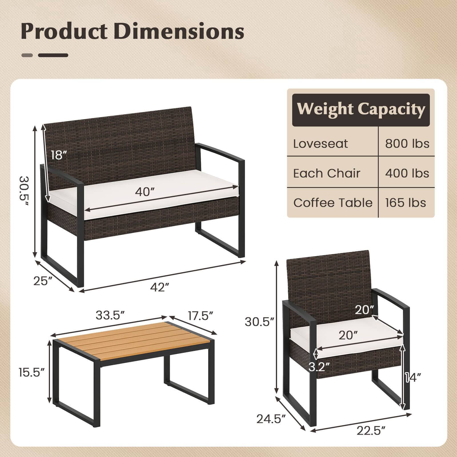 Product Dimensions

Weight Capacity

- Loveseat: 800 lbs
- Each Chair: 400 lbs
- Coffee Table: 165 lbs

Dimensions:

- Loveseat: 30.5" x 40" x 18"
- Coffee Table: 42" x 33.5" x 17.5" x 25" x 15.5"
- Chair: 30.5" x 20" x 20" x 22.5" x 24.5" x 3.2" x 14"