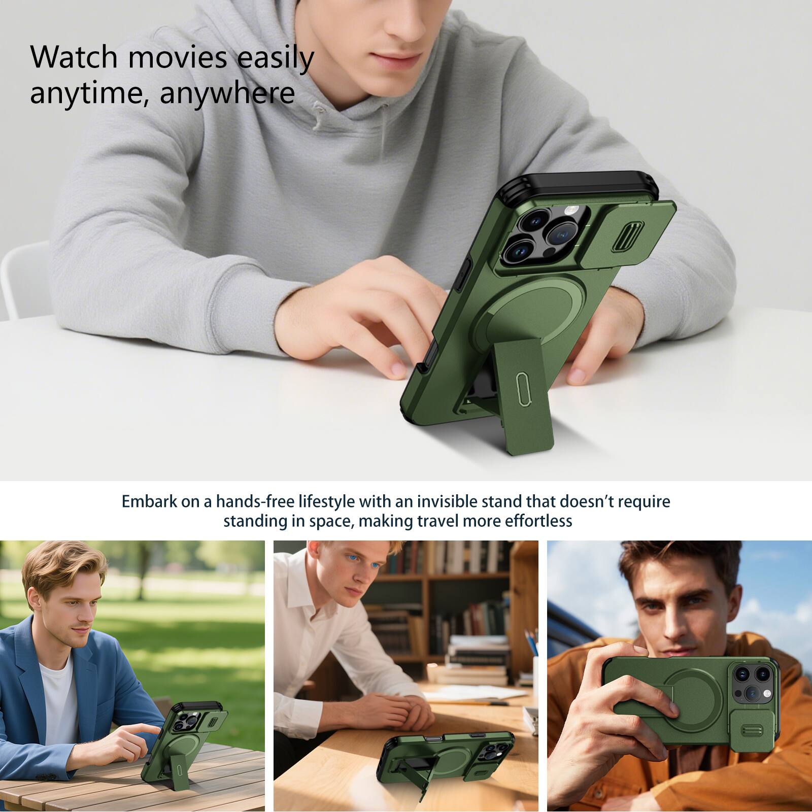 Watch movies easily anytime, anywhere

Embark on a hands-free lifestyle with an invisible stand that doesn't require standing in space, making travel more effortless