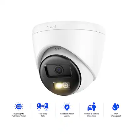 UP Color Night Dual-Lights Full Color Vision
Two-Way Talk
Audible & Flash Alarm
Human & Vehicle Detection
IP67 Waterproof