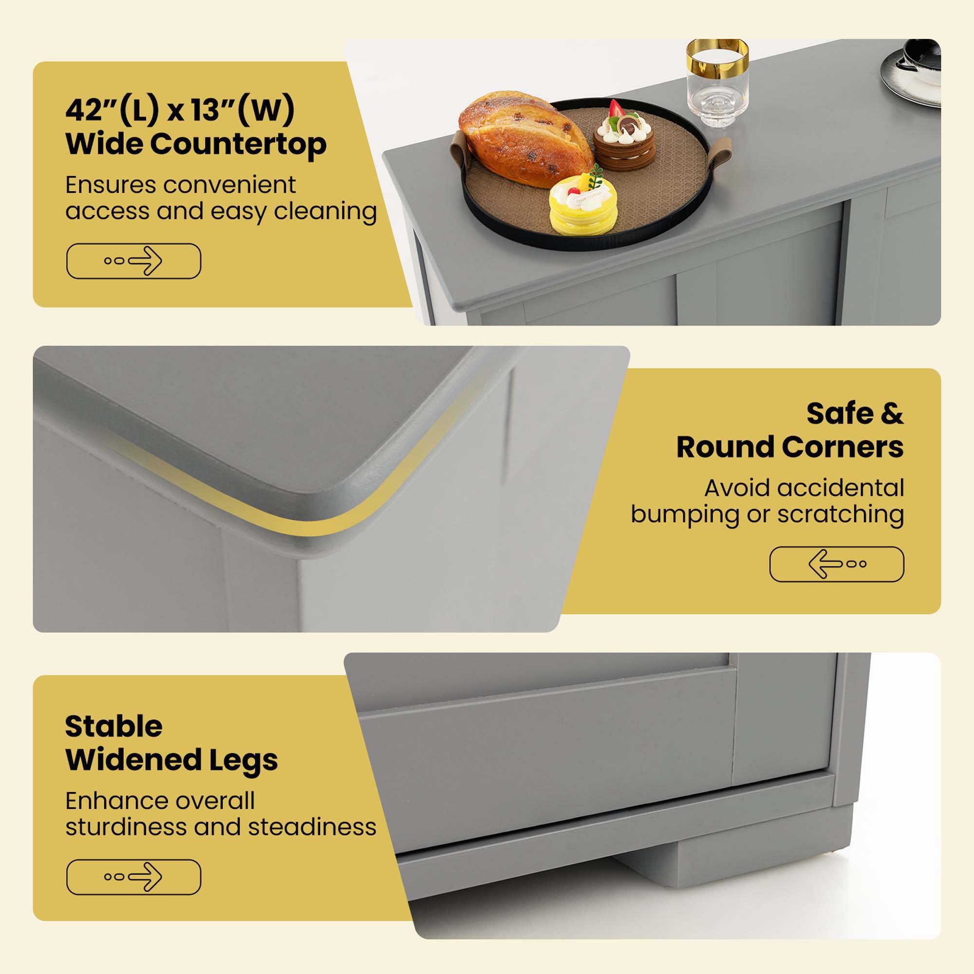 The image features a kitchen counter with a tray of pastries and a cup. The counter is described as having a 42" (L) x 13" (w) wide countertop, ensuring convenient access and easy cleaning. The counter also has safe and round corners to avoid accidental bumping or scratching. The counter is further described as having stable widened legs, which enhance overall sturdiness and steadiness.