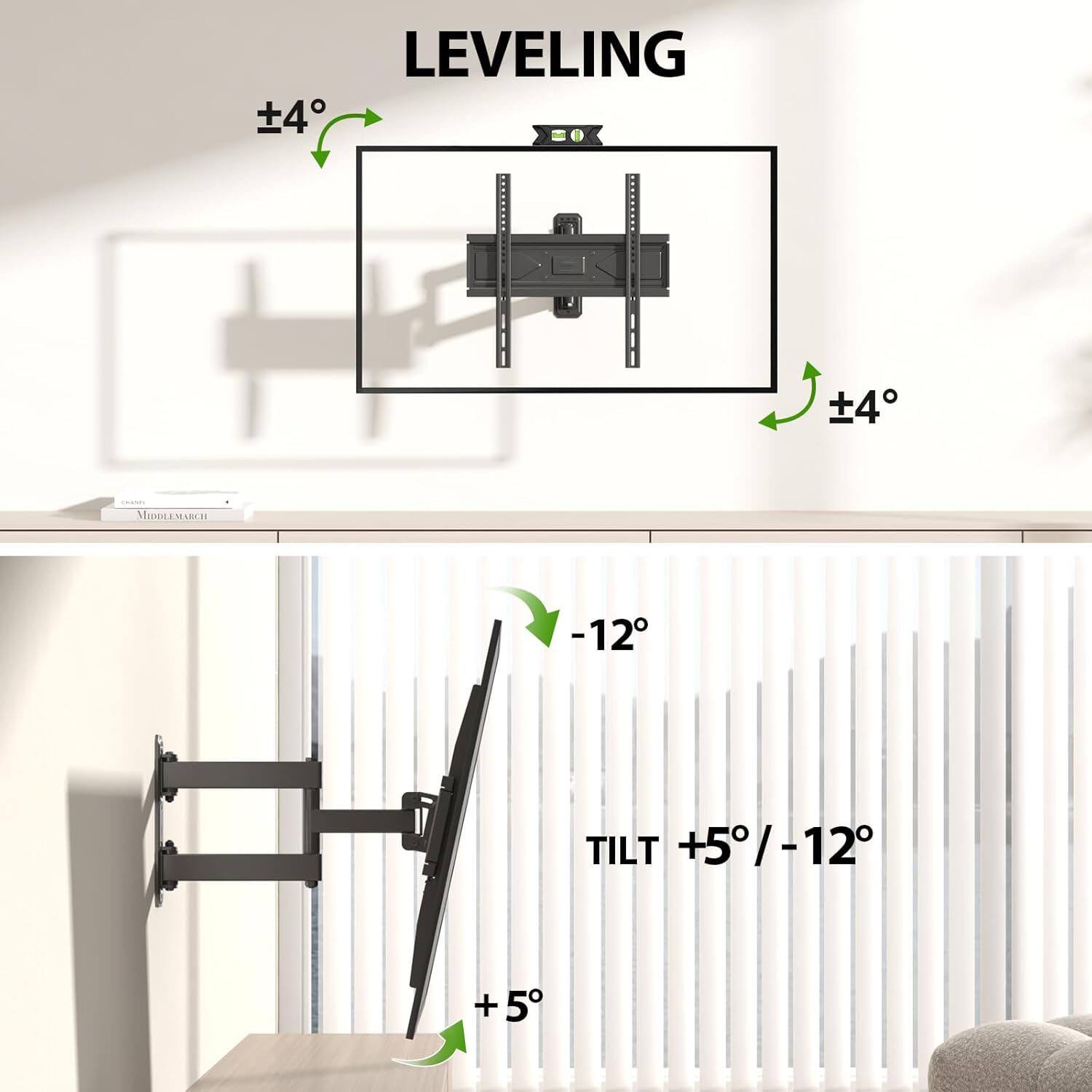 LEVELING  
±4°  
±4°  

TILT  
+5°/-12°