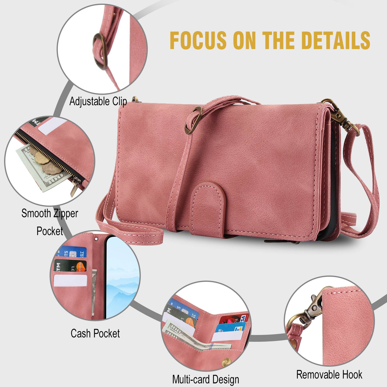 FOCUS ON THE DETAILS

Adjustable Clip
Smooth Zipper Pocket
Cash Pocket
Multi-card Design
Removable Hook