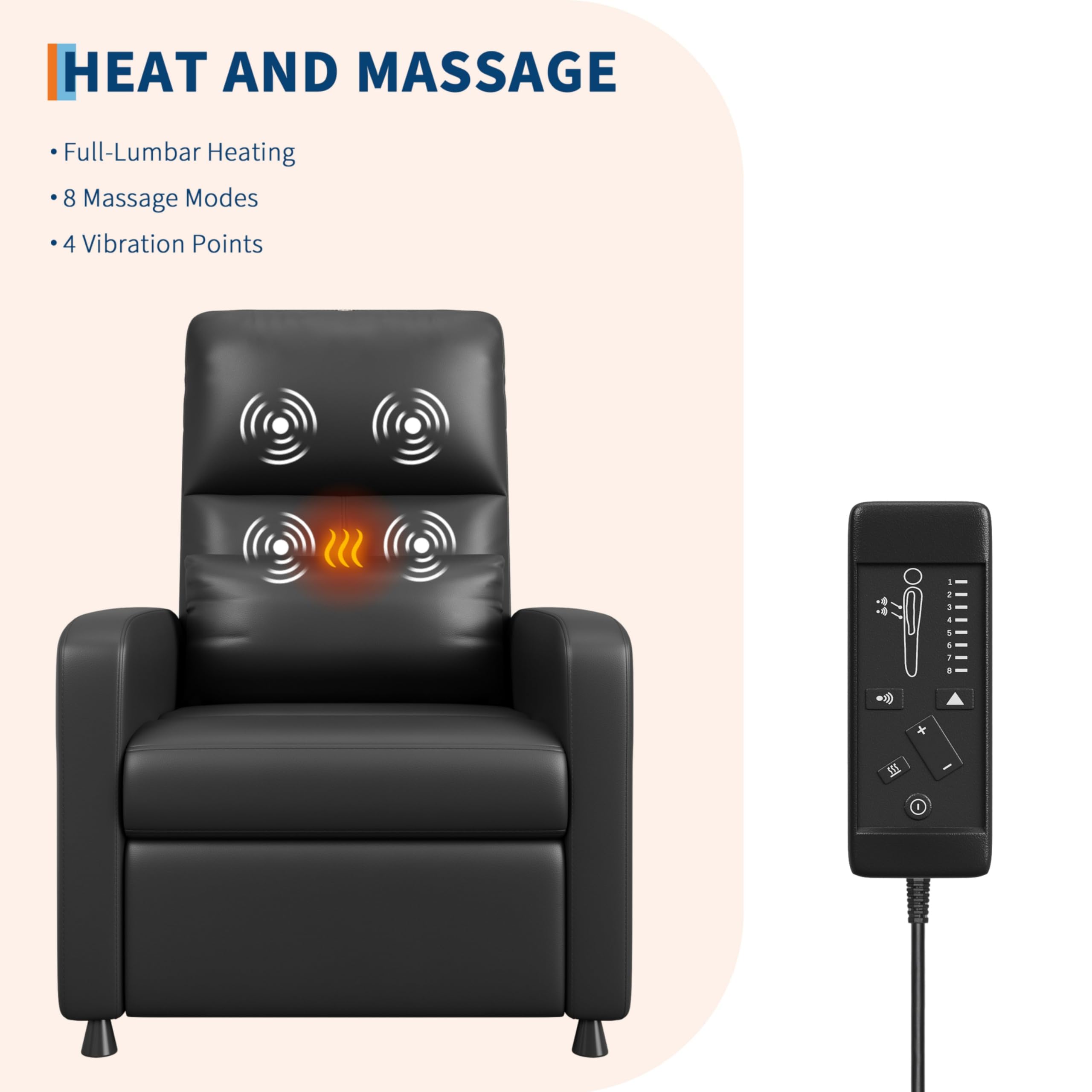 HEAT AND MASSAGE

- Full-Lumbar Heating
- 8 Massage Modes
- 4 Vibration Points