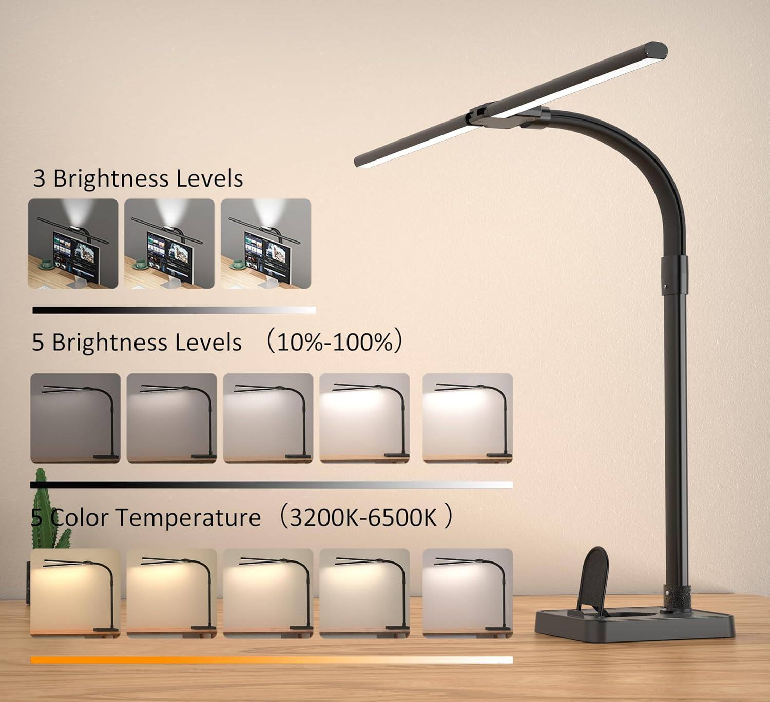 3 Brightness Levels

5 Brightness Levels (10%-100%)

5 Color Temperature (3200K-6500K)