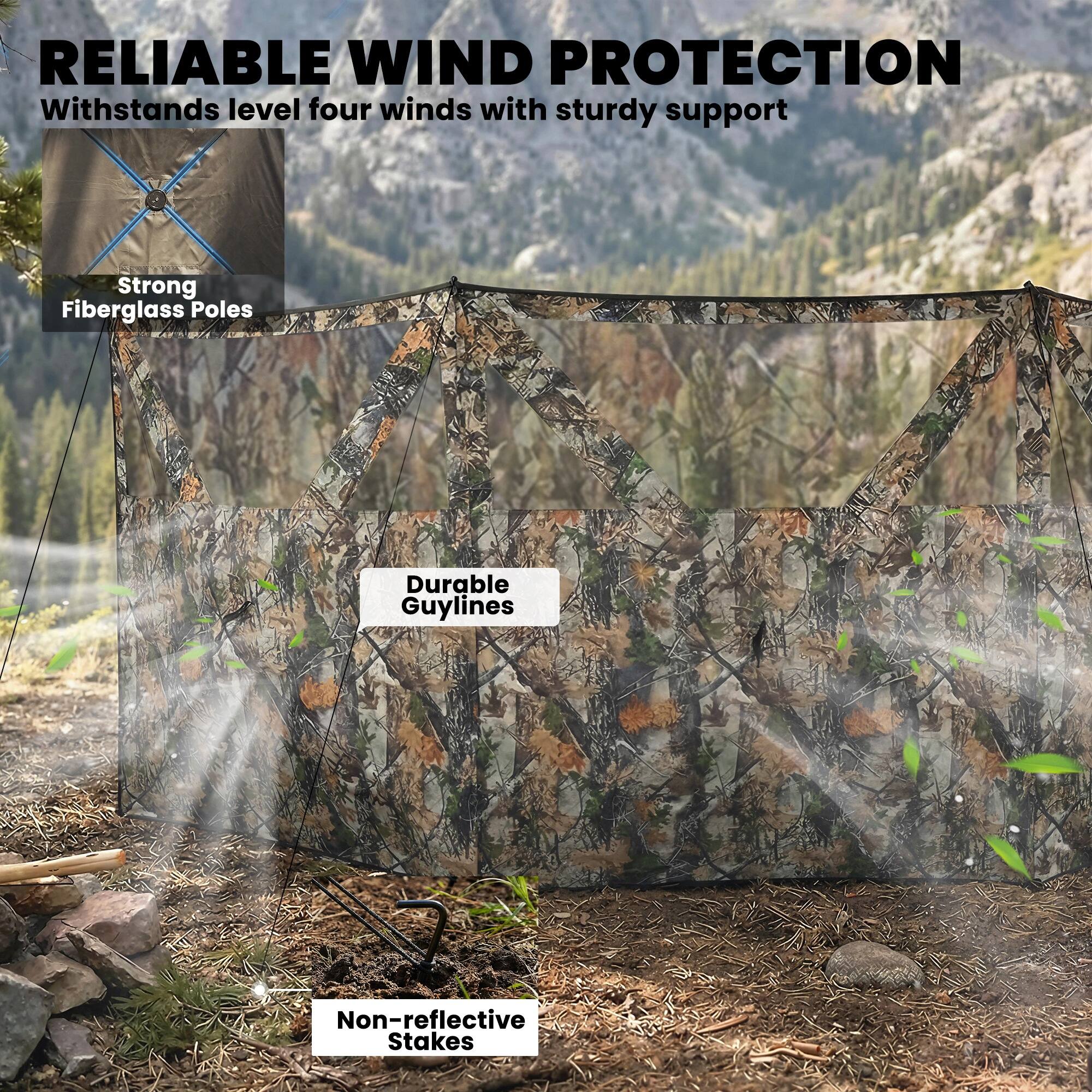 RELIABLE WIND PROTECTION  
Withstands level four winds with sturdy support  

- Strong Fiberglass Poles  
- Durable Guylines  
- Non-reflective Stakes