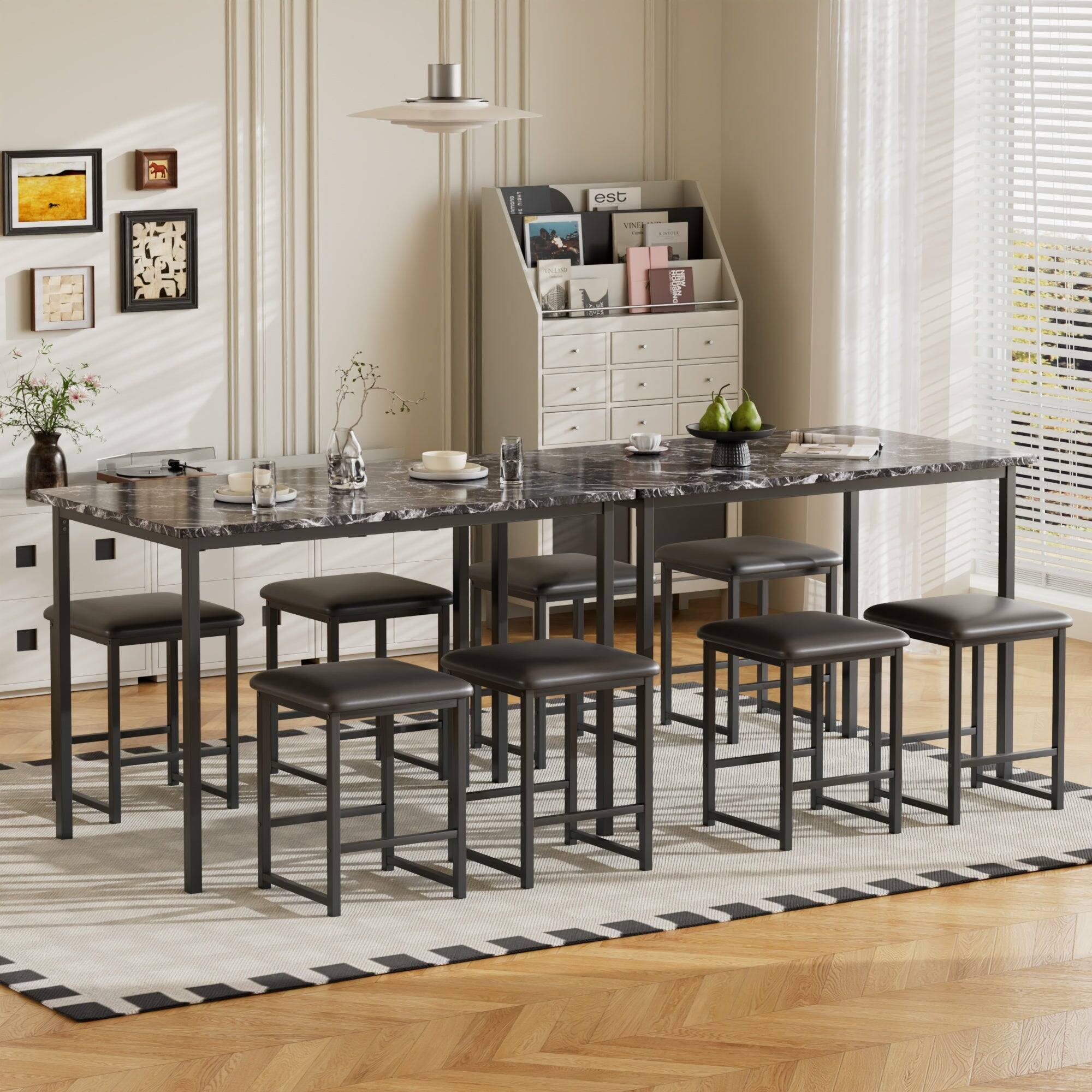 Back. Vecelo - Industrial Dining Set for 4: 43.3" Pub Table With 4 PU Leather Seating, Space Saving Design,  Metal Frame - Black.