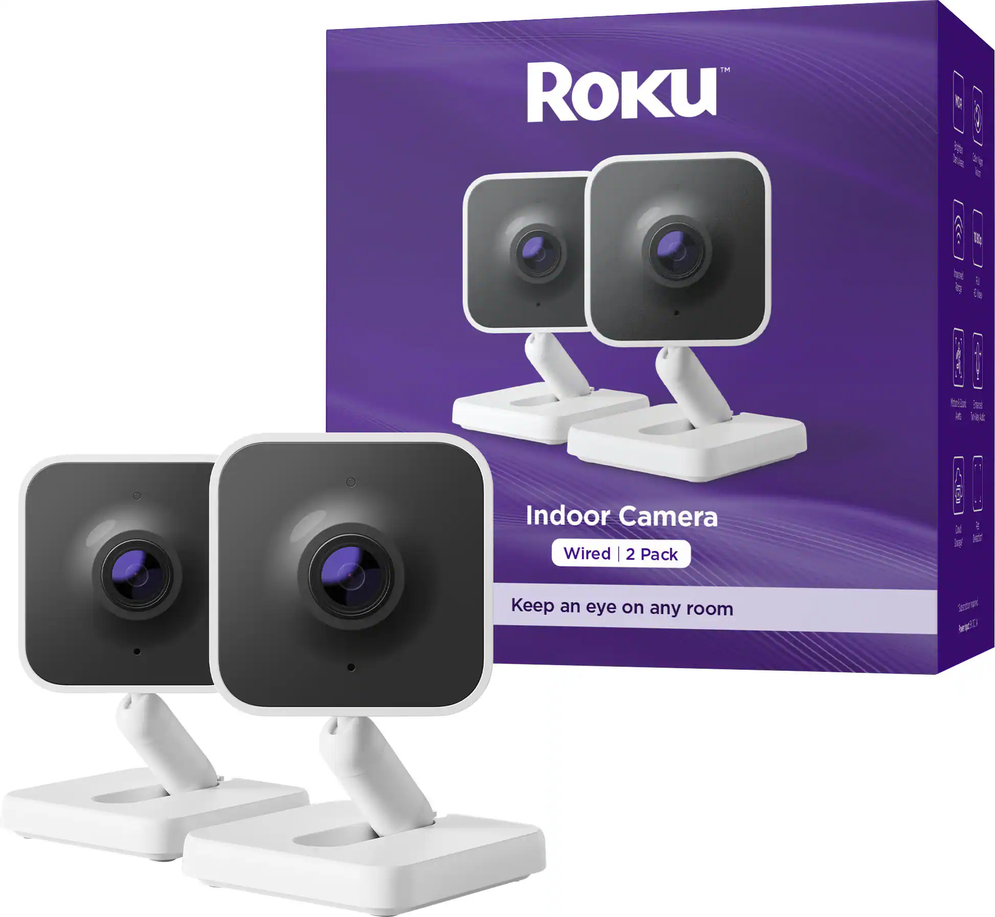 Roku - Indoor Camera - Home Security - 2-Pack - Wired Security Camera with 1080p HD Color Night Vision, WDR & Wi-Fi 6 - White
