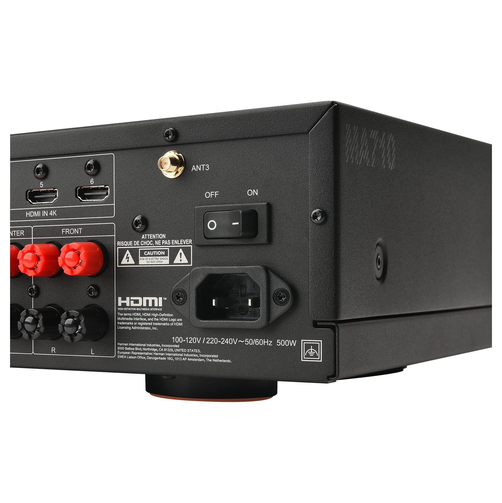 The text on the image reads:

"5 6 ANT3 OFF ON MA71O HDMI IN 4K INTERN FRONT ATTENTION RISQUE DE CHOC NE PAS ENLEVER - CAUTION - C.N. - 100-120V 100-120V/220-240V~50/60Hz 500W - - its - - -ato BE n -- PL LUTEnS SATES Turspoa nprera - international - incorporated MA - Once, Canigerate NO - AP Amtoteratam, The ethetands A."

This text appears to be a mix of different languages and is not coherent or understandable. It is likely that the text is a combination of different languages or a mishmash of unrelated information.