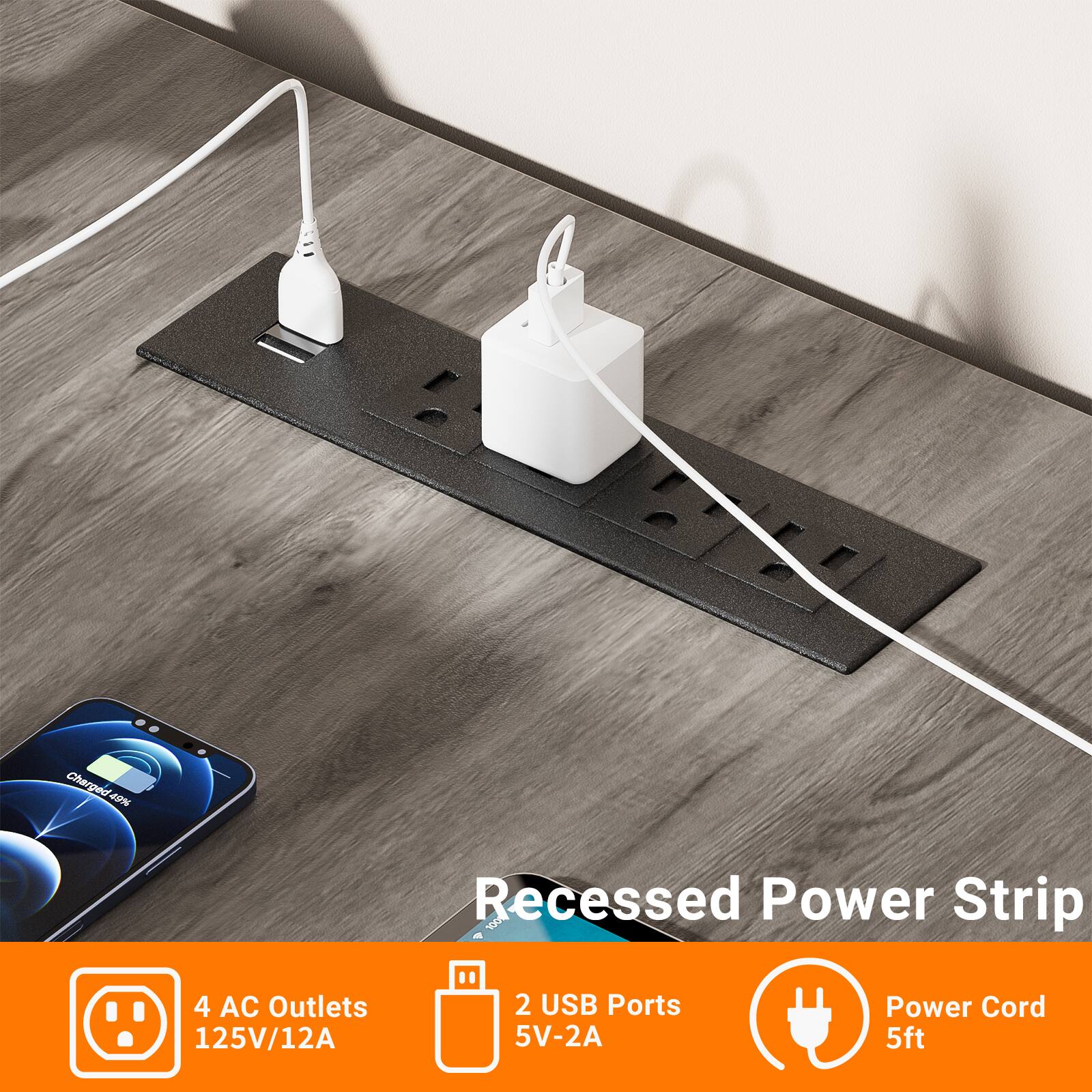 Recessed Power Strip

- 4 AC Outlets
- 125V/12A
- 2 USB Ports
- 5V-2A
- Power Cord 5ft