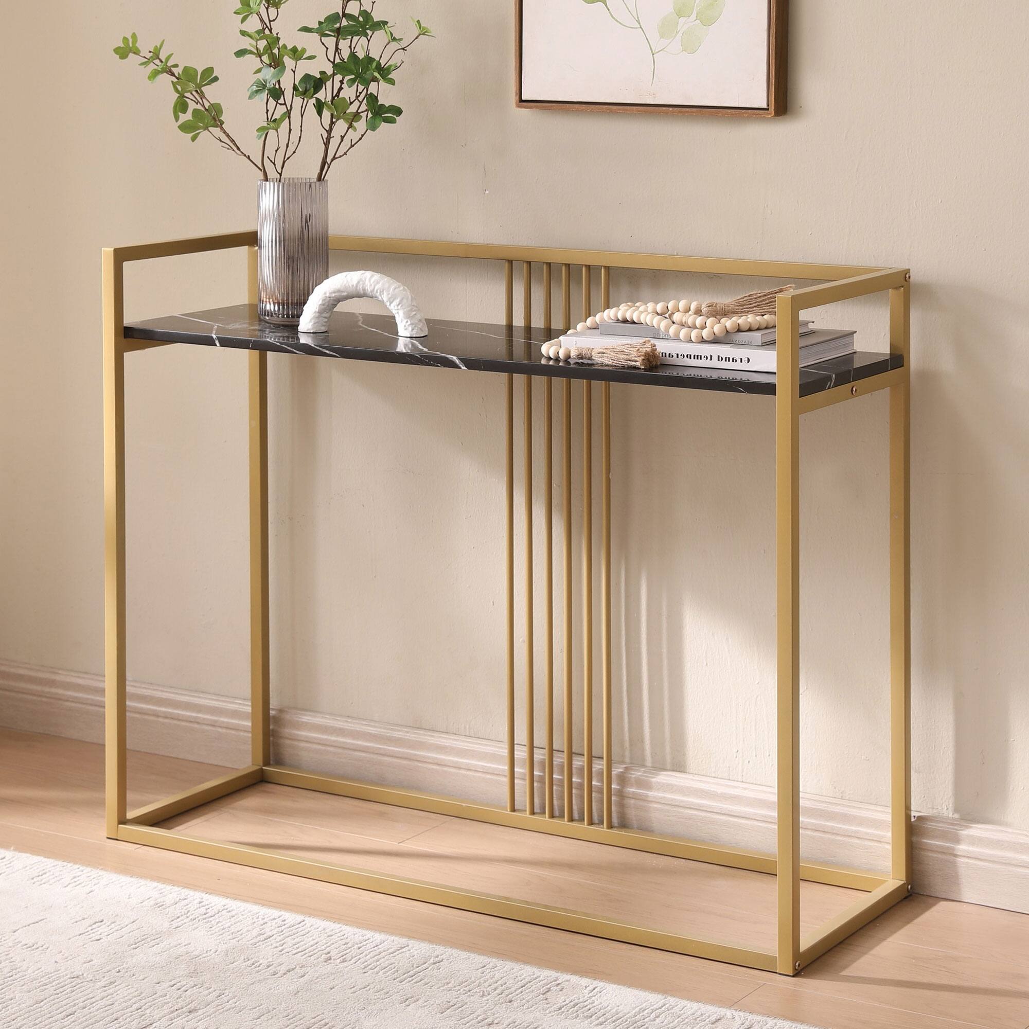 Back. Kings Brand Furniture - Kings Brand Furniture Modern Sofa Console Table with Faux Marble Storage Shelf & Gold Metal Frame - Black.