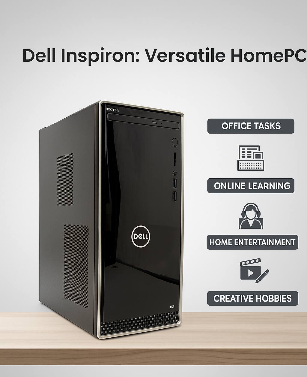 Dell Inspiron: Versatile HomePC

- OFFICE TASKS
- ONLINE LEARNING
- HOME ENTERTAINMENT
- CREATIVE HOBBIES