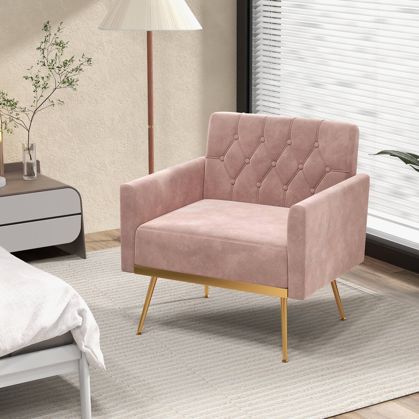 Alt View 8. Ecooso - Velvet Accent Chair with Button Tufted Back and Golden Metal Legs, Adjustable Pads - Pink.