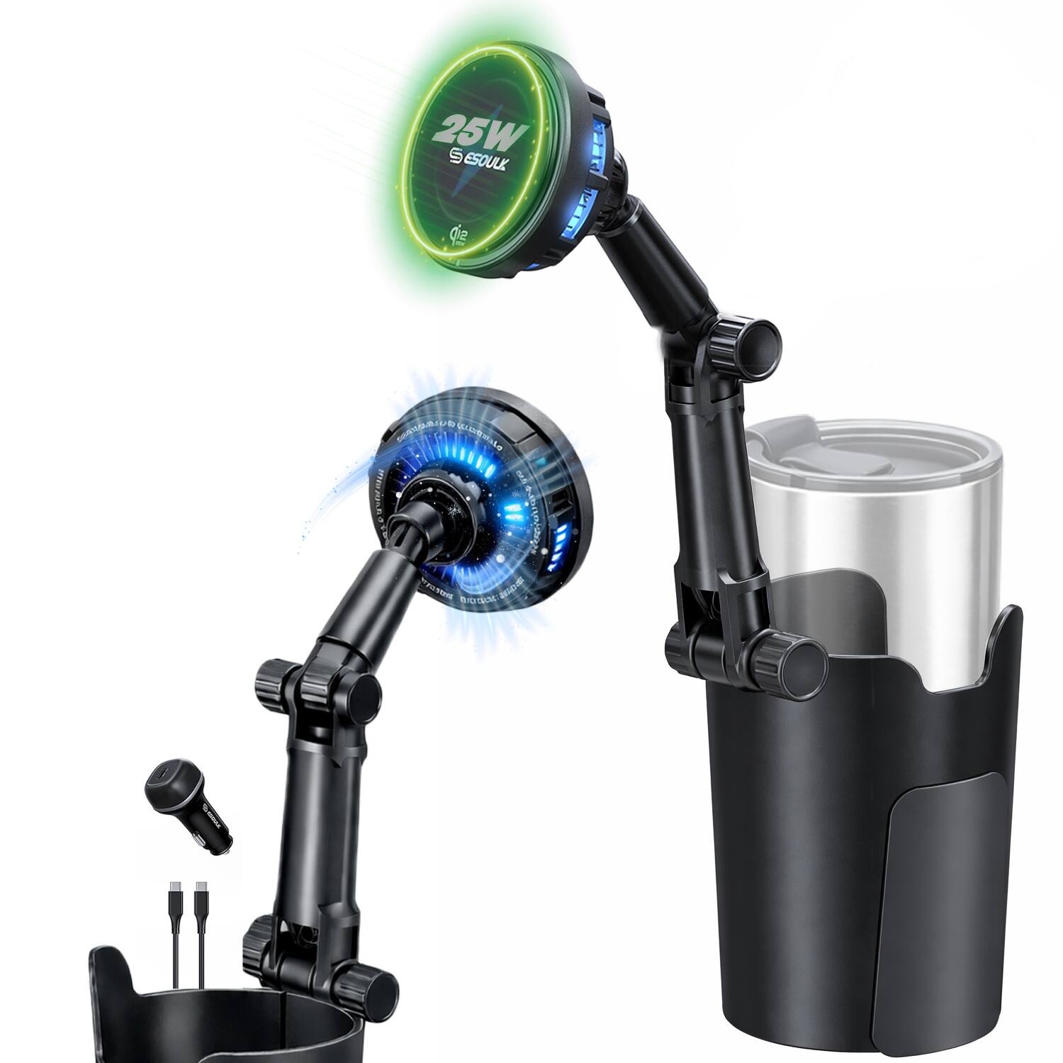 Esoulk - 25W Qi 2.2 Cooling Magnetic Wireless Car Charger For Car Cup Holder Compatible with iPhone 17 Pro Max - Black