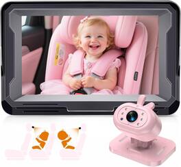 PRIMEPLUS - Baby Car Camera 1080P HD Plug-Play Monitor, 4.3" IPS Display, 150° Wide-Angle, Infrared Night Vision, Rabbit Design - Pink