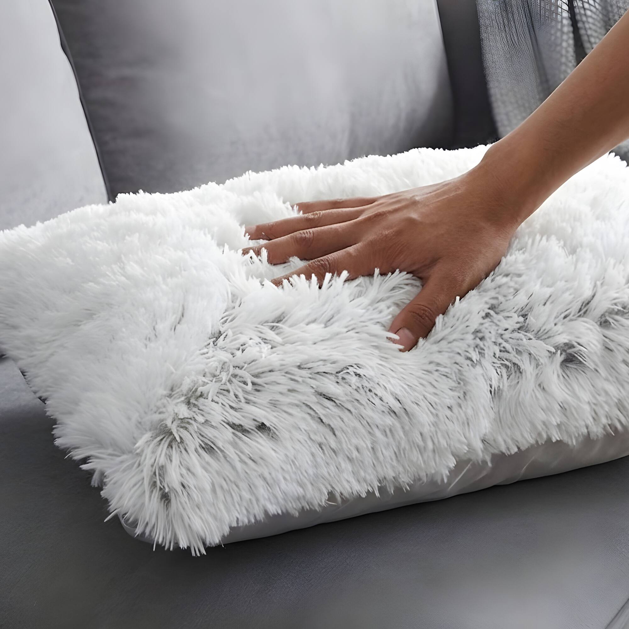 Left. Cheer Collection - Plush Shaggy Long Hair Faux Fur Lumbar Accent Pillows with Inserts, 12 x 20 in, Set of 2 - Gray Ombre - Gray.