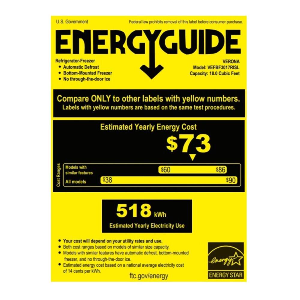 U.S. Government Federal law prohibits removal of this label before consumer purchase. ENERGYGUIDE Refrigerator-Freezer VERONA Automatic Defrost Model: VEFBF3017RISL Bottom-Mounted Freezer Capacity: 18.0 Cubic Feet No through-the-door ice

Compare ONLY to other labels with yellow numbers. Labels with yellow numbers are based on the same test procedures.

Estimated Yearly Energy Cost $73 Models with $60 $86 similar features All models $38 $90

518 kWh Estimated Yearly Electricity Use

Your cost will depend on your utility rates and use. Both cost ranges based on models of similar size capacity. Models with similar features have automatic defrost, bottom-mounted freezer, and no through-the-door ice. Estimated energy cost based on a national average electricity cost of 14 cents per kWh. ftc.gov/energy

ENERGY STAR