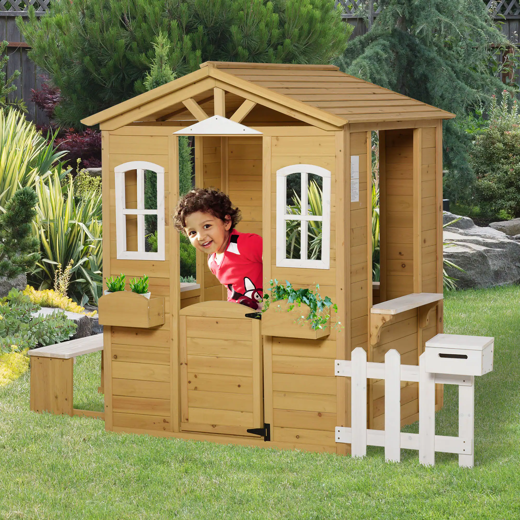 Angle. Outsunny - Outdoor Playhouse for Kids Wooden Cottage with Working Doors Windows & Mailbox, Pretend Play House for Age 3-6 Years.
