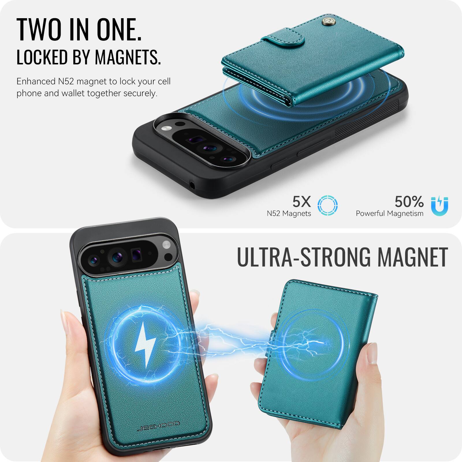 TWO IN ONE.  
LOCKED BY MAGNETS.  
Enhanced N52 magnet to lock your cell phone and wallet together securely.  

5X N52 Magnets  
50% Powerful Magnetism  

ULTRA-STRONG MAGNET