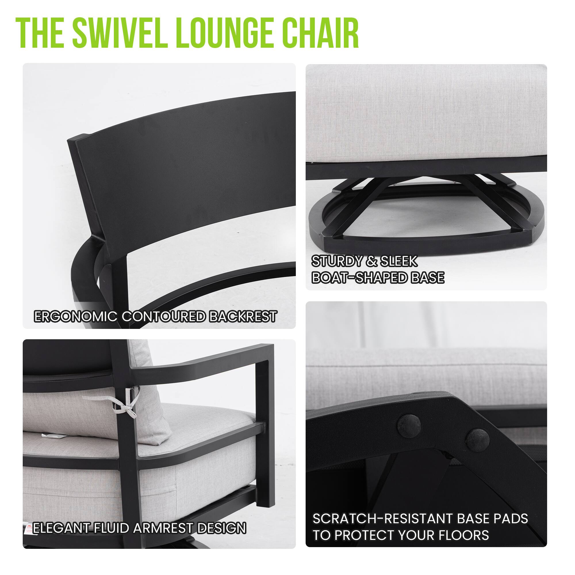 THE SWIVEL LOUNGE CHAIR

- STURDY & SLEEK BOAT-SHAPED BASE
- ERGONOMIC CONTOURED BACKREST
- ELEGANT FLUID ARMREST DESIGN
- SCRATCH-RESISTANT BASE PADS TO PROTECT YOUR FLOORS