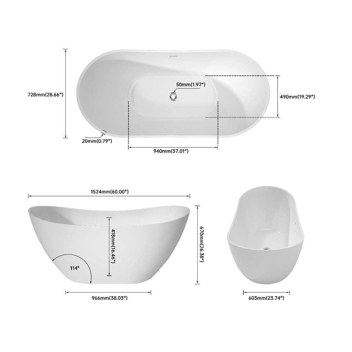 50mm(1.97")  
728mm(28.66")  
490mm(19.29")  
20mm(0.79")  
940mm(37.01")  
1524mm(60.00")  
114°  
418mm(16.46")  
966mm(38.03")  
670mm(26.38")  
603mm(23.74")