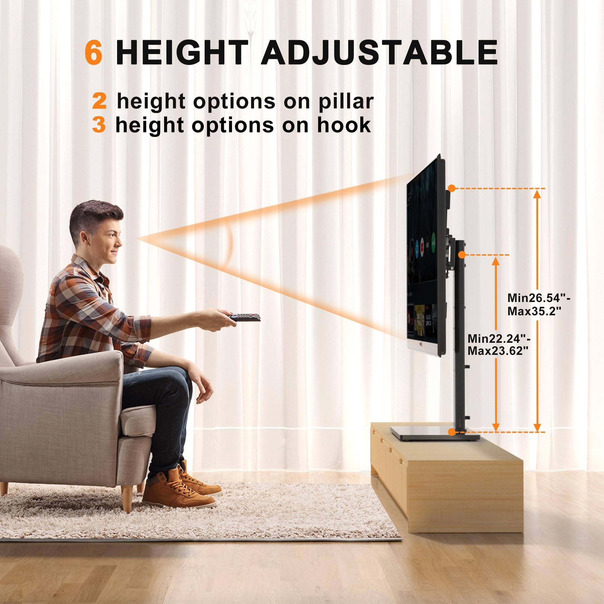 6 HEIGHT ADJUSTABLE  
2 height options on pillar  
3 height options on hook  

Min26.54" - Max35.2"  
Min22.24" - Max23.62"