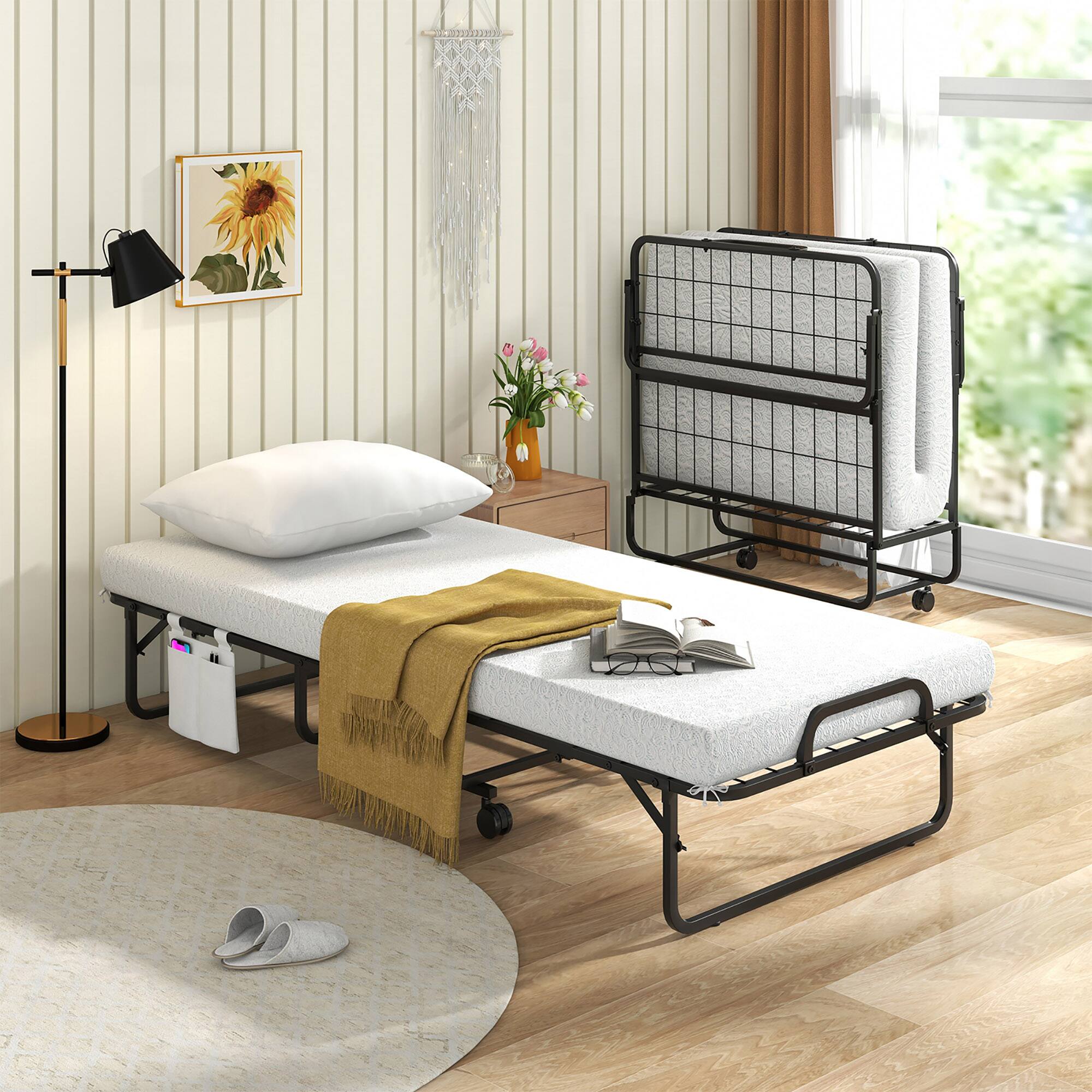 Alt View 3. Gymax - Gymax 75'' x 31'' Folding Bed w/ Memory Foam Mattress & Pillow Dust Cover Metal Frame - White, Black.