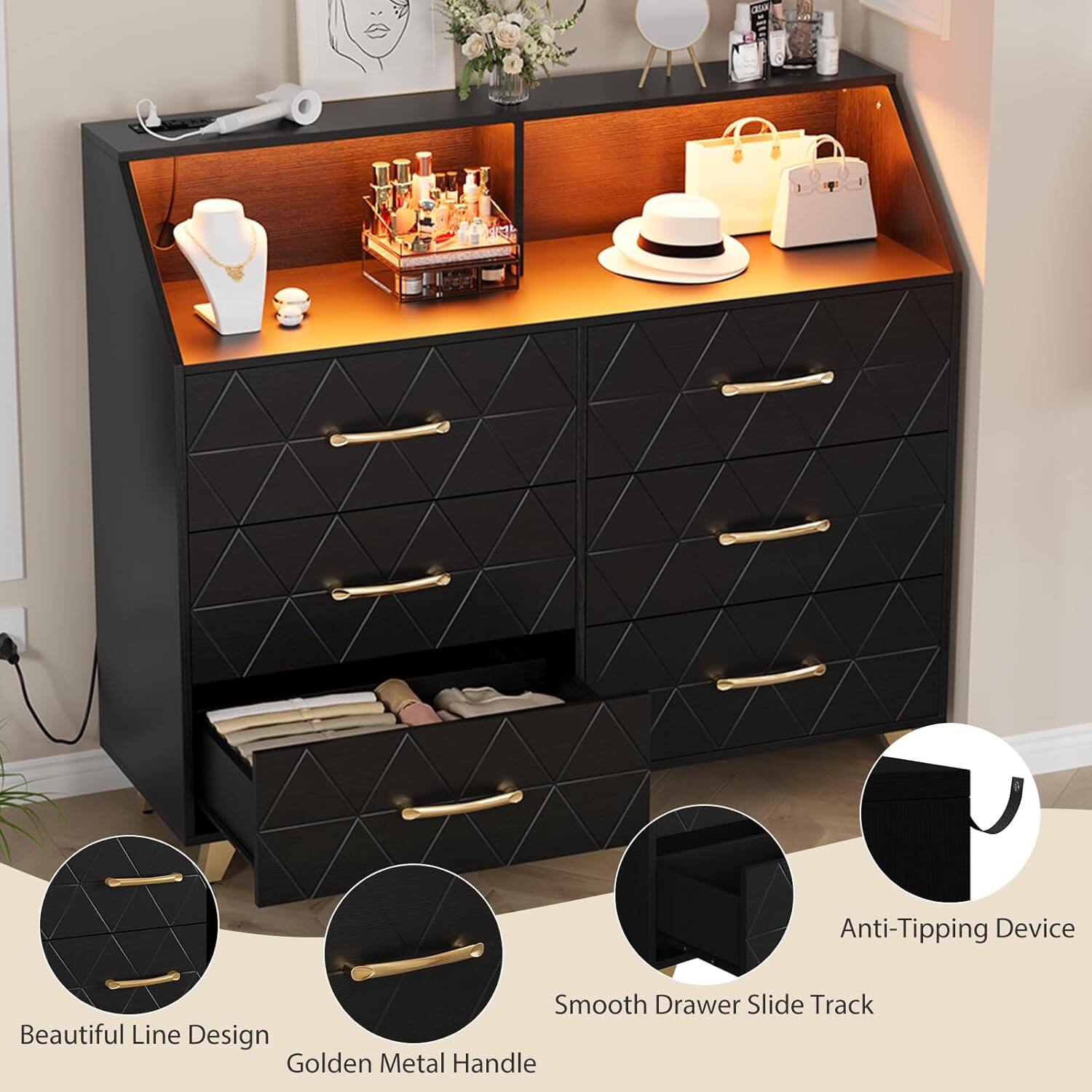 - Anti-Tipping Device
- Smooth Drawer Slide Track
- Beautiful Line Design
- Golden Metal Handle