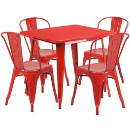 Emma + Oliver - Commercial Grade 31.5" Square Metal Indoor-Outdoor Table Set with 4 Stack Chairs - Red
