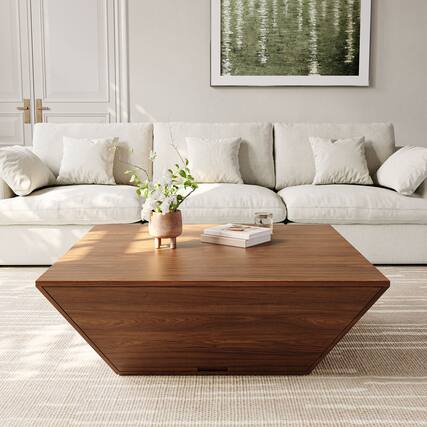 Front. POVISON - 39" Fully Assembly, Square Wood Coffee Table with Storage, Mid-Century Trapezoid Coffee Table with 1 Drawer, Walnut - Walnut.