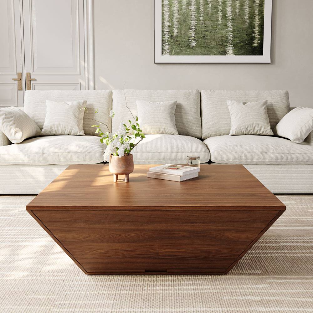 Front. POVISON - 39" Fully Assembly, Square Wood Coffee Table with Storage, Mid-Century Trapezoid Coffee Table with 1 Drawer, Walnut - Walnut.