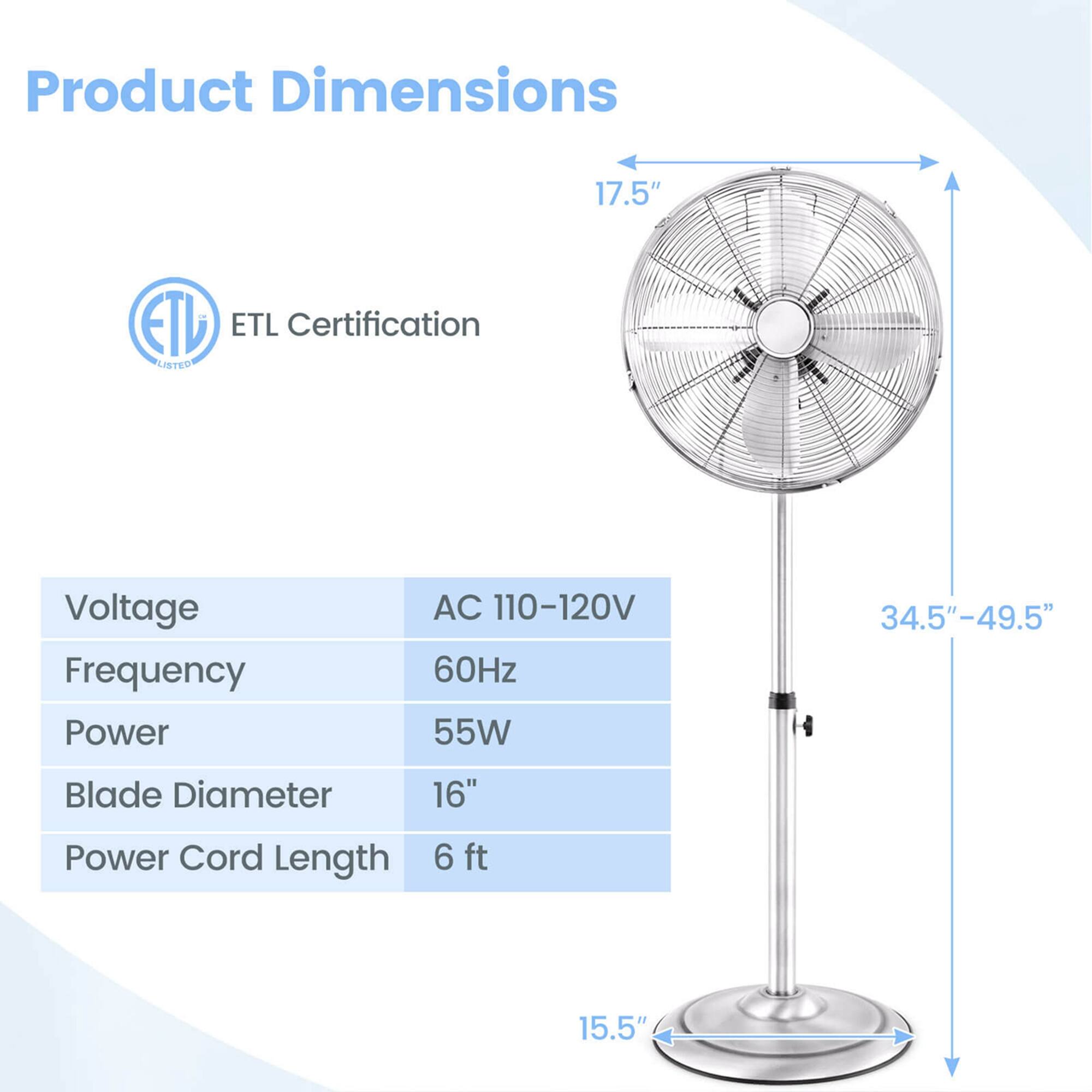 Product Dimensions: 17.5" I - ETL Certification LISTED Voltage: AC 110-120V 60Hz Power: 55W Blade Diameter: 16" Power Cord Length: 6 ft