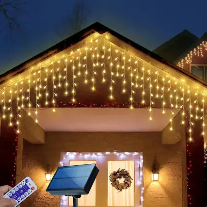 Front. RTMB - Warm White 304 LED Solar Christmas Icicle Lights with 8 Programmable - Warm White.