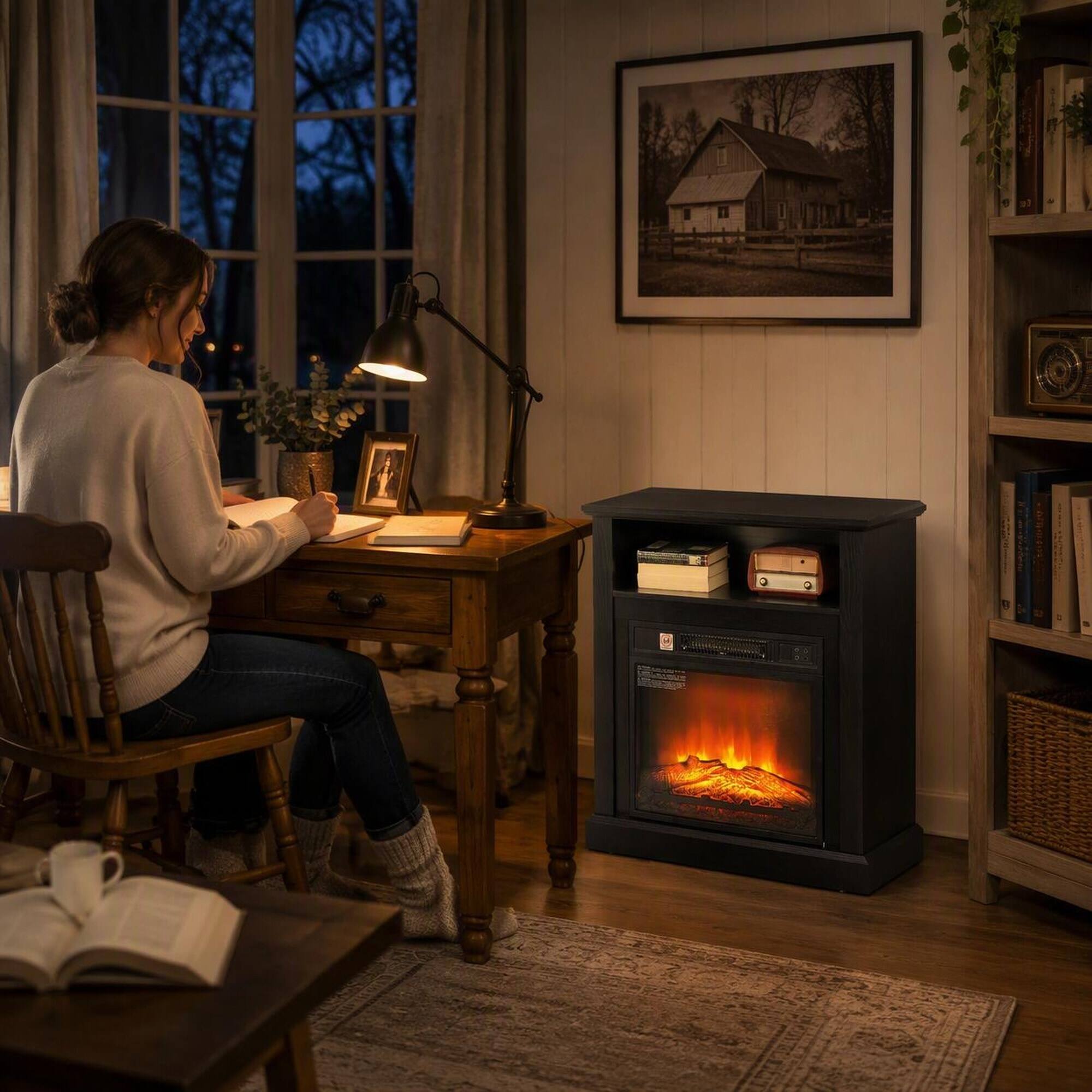 Left. RYHNUYNE - 27-Inch Electric Fireplace with Mantel, 1400W Insert Heater, Realistic Log & Flame Effects, Remote Control - Black.