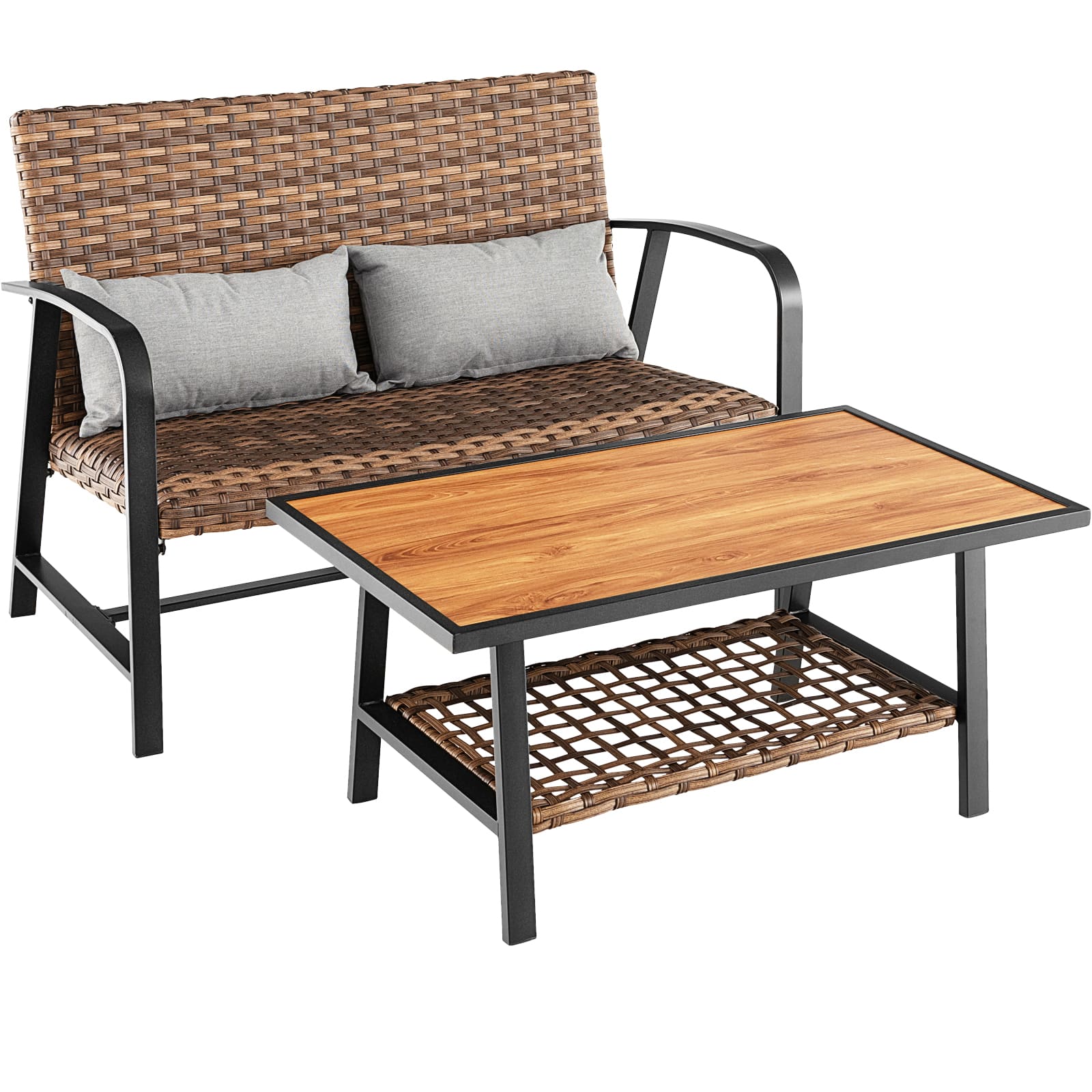Gymax - Set of 2 Rattan Loveseat Coffee Table Set w/ Padded Back Seat Pillow Patio - Mix Brown