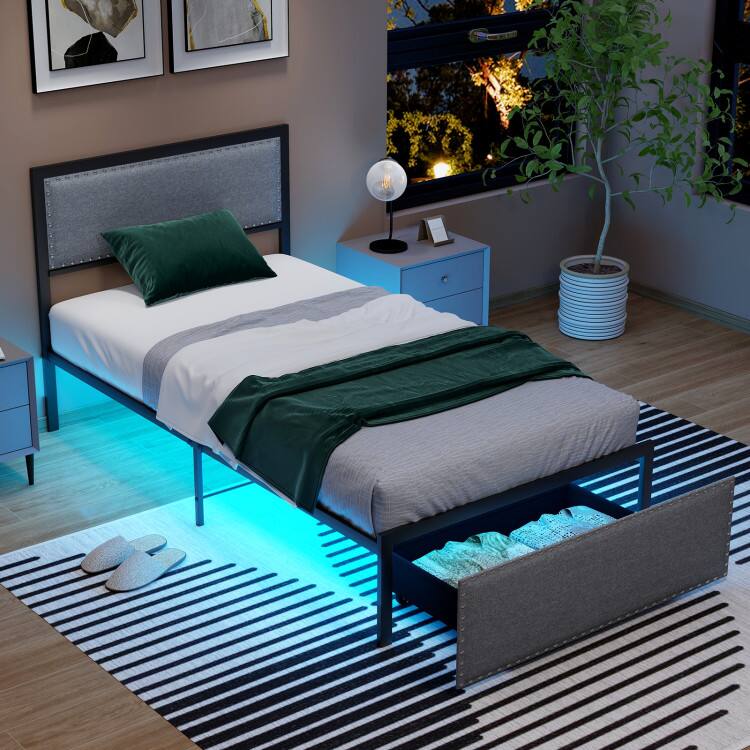 Left. LUCKY ONE - Twin Size Metal Slats Bed Frame with LED Lights and Rolling Drawer - Gray.