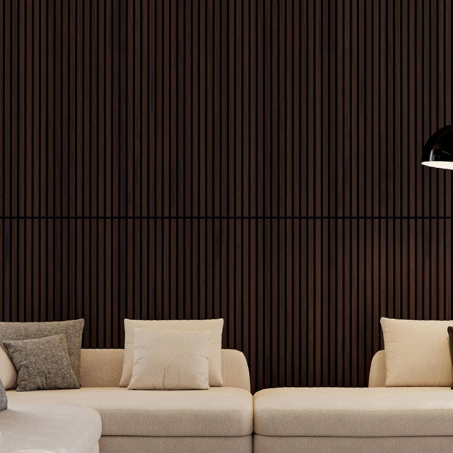 Angle. MOOSOO - 2PCS Wood Slat Acoustic Panels, 45.27"x23.62" 3D Sound Absorbing Wall Panels for Wall & Ceiling for Home Office - Walnut.