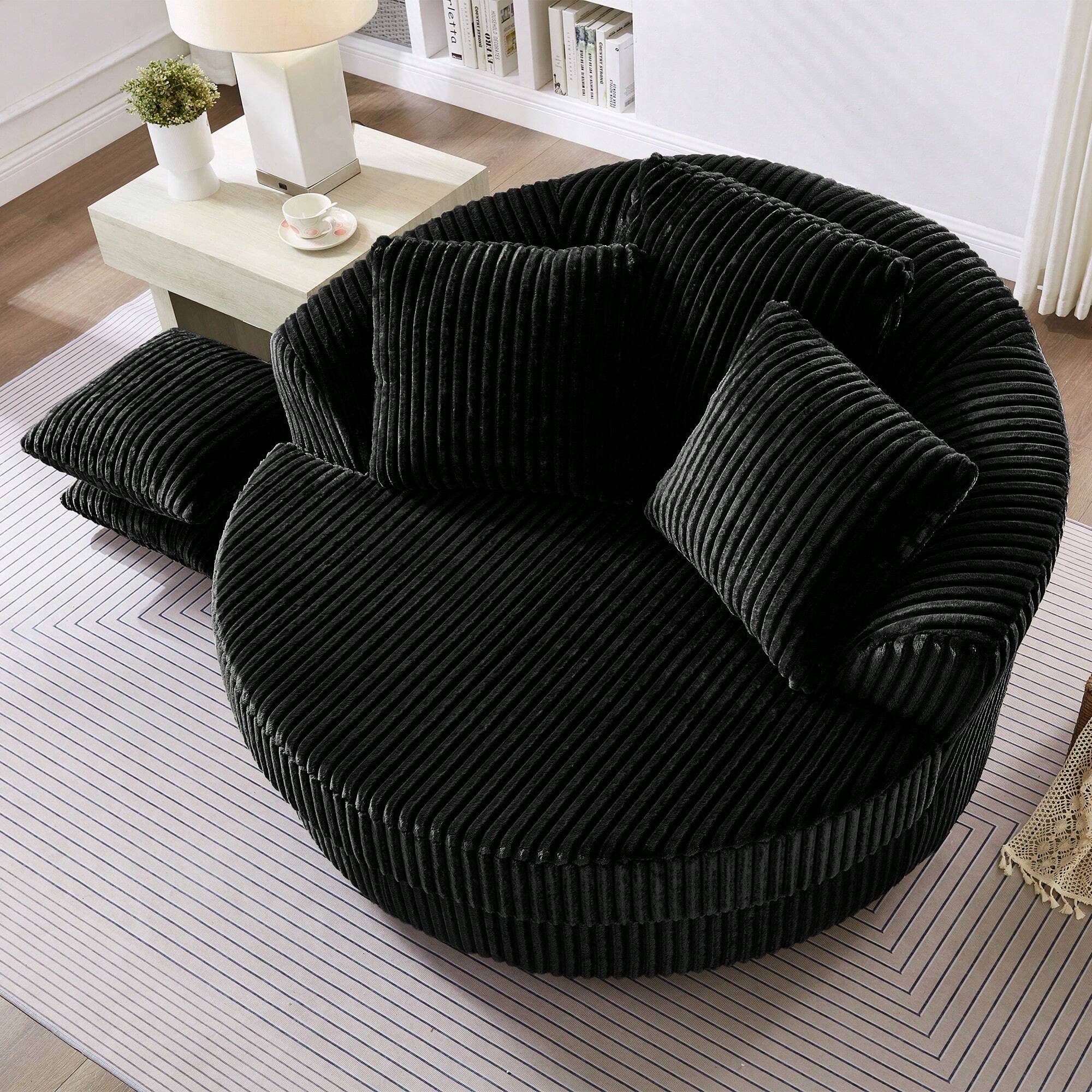Angle. Trinkets Crazed - 360° Swivel Oversized Round Chaise Longue Chair Indoor, Modern Upholstered Corduroy Deep Seat Chair - Black.