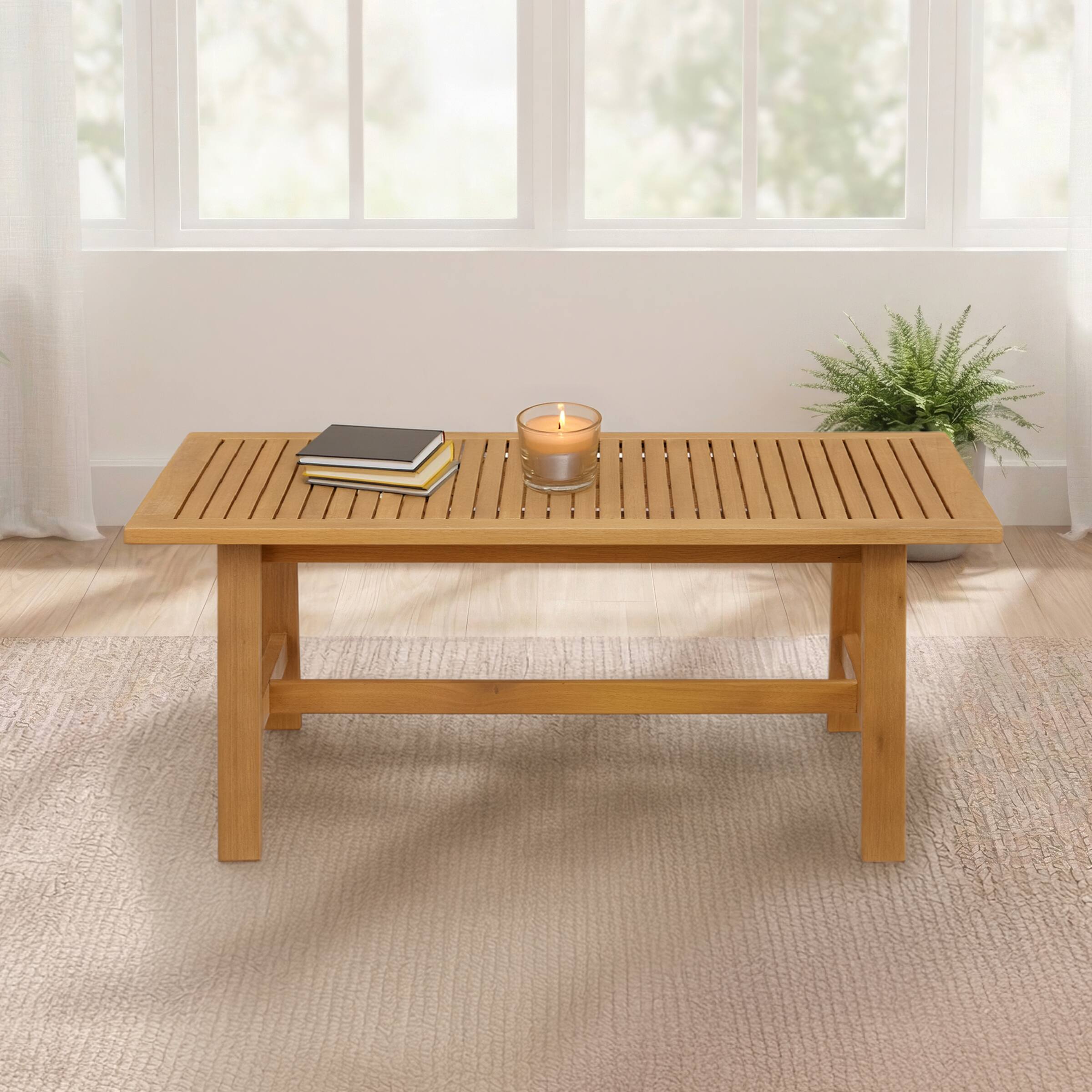 Alt View 1. Alaterre Furniture - Weyra Outdoor Coffee Table - 39.4” Weather-Resistant Eucalyptus Wood Small Outdoor Table with Slatted Tabletop - Brown.