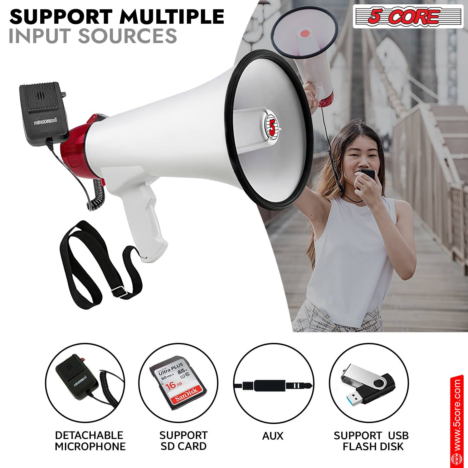 SUPPORT MULTIPLE INPUT SOURCES

5 CORE

- DETACHABLE MICROPHONE
- SUPPORT SD CARD
- AUX
- SUPPORT USB FLASH DISK

www.5core.com