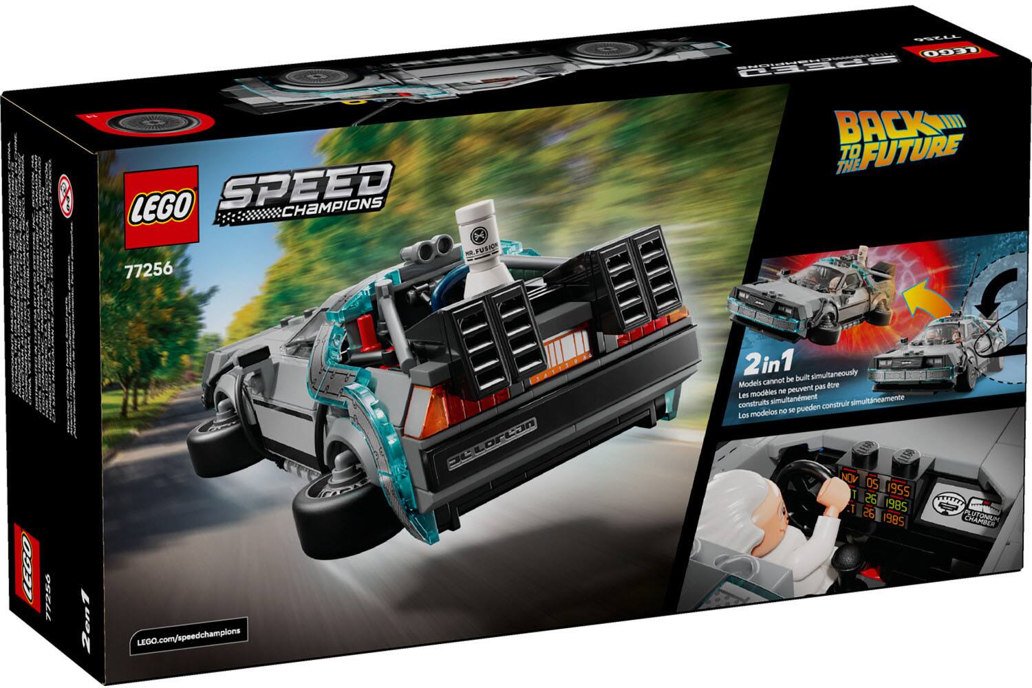 LEGO 77256  
SPEED CHAMPIONS  
BACK TO THE FUTURE  

2 in 1  
Models cannot be built simultaneously  
Les modèles ne peuvent pas être construits simultanément  
Los modelos no se pueden construir simultáneamente  

LEGO.com/speedchampions  

NOV 05 1955  
T 26 1985  
T 26 1985  

DE LORRAIN  
AUTOMOBILE CHAMBER