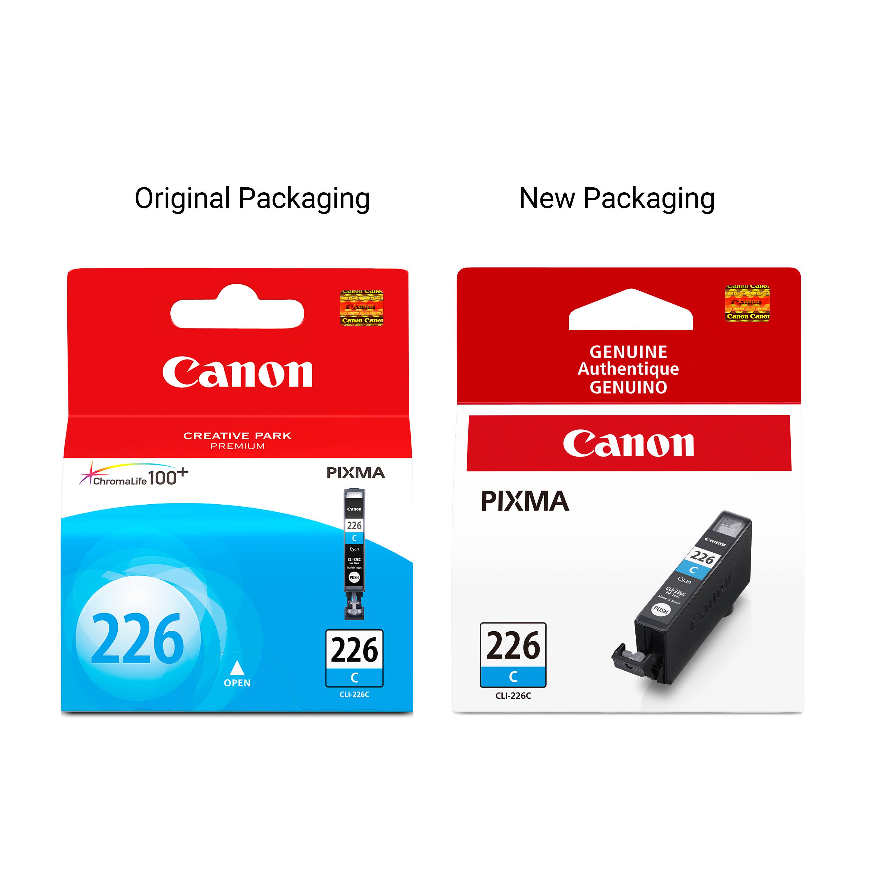 Original Packaging
New Packaging
Canon
GENUINE Authentique GENUINO
CREATIVE PARK PREMIUM ChromaLife 100+ 226 OPEN
PIXMA 226 CLI-226C
Canon PIXMA CHOON 226 Cyan 16 -126C Turk PUSH 226 CLI-226C