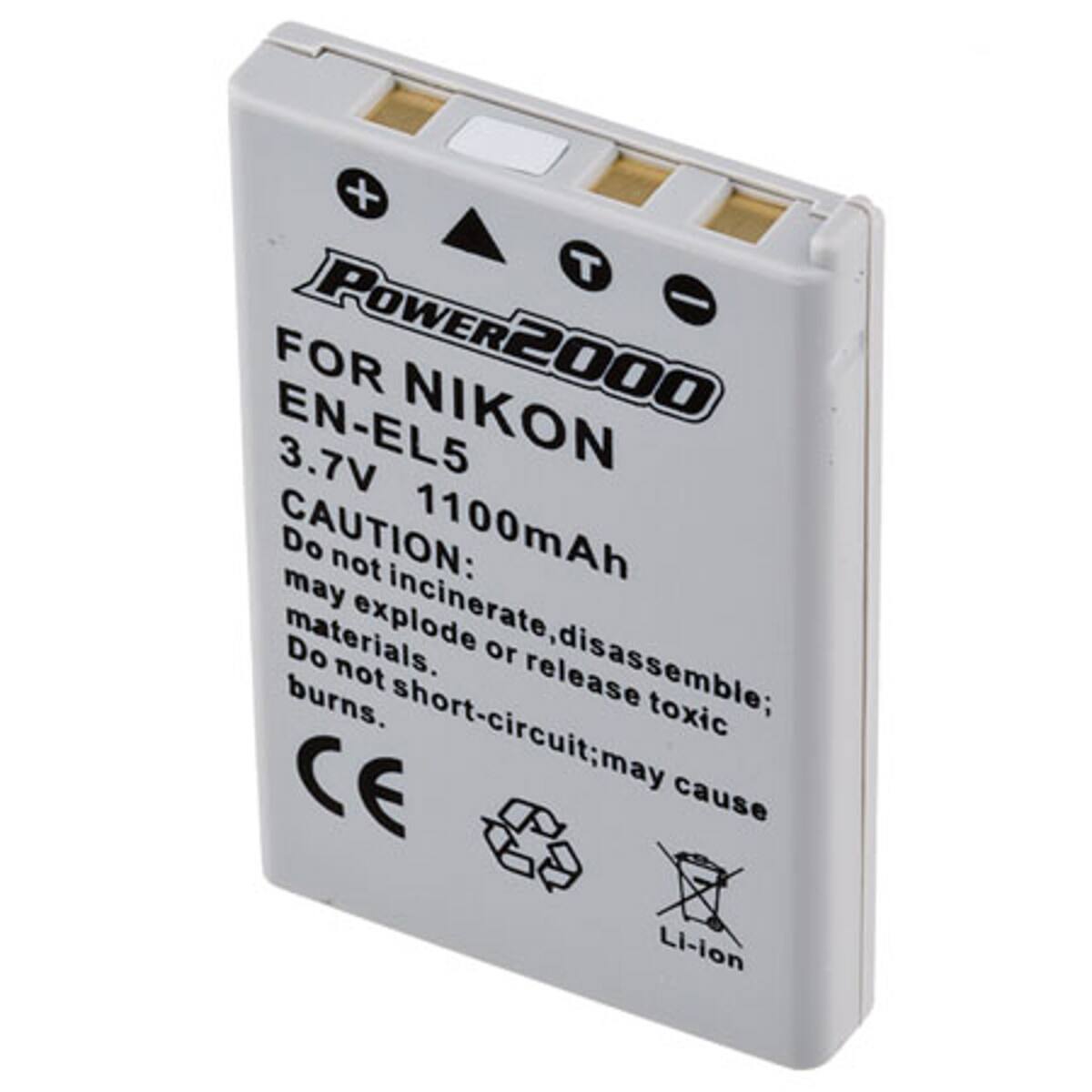+ T - FOR NIKON EN-EL5 3.7V POWER2000 1100mAh CAUTION: Do not incinerate, disassemble; may explode or release toxic materials. Do not short-circuit; may cause burns. CE Li-ion