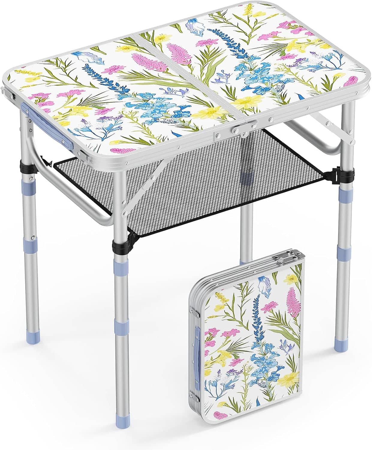 Winado - 2FT Aluminum Portable Folding Table, Camping Picnic Card Table with Adjustable Height, Carry Handle for Outdoor Indoor - Floral
