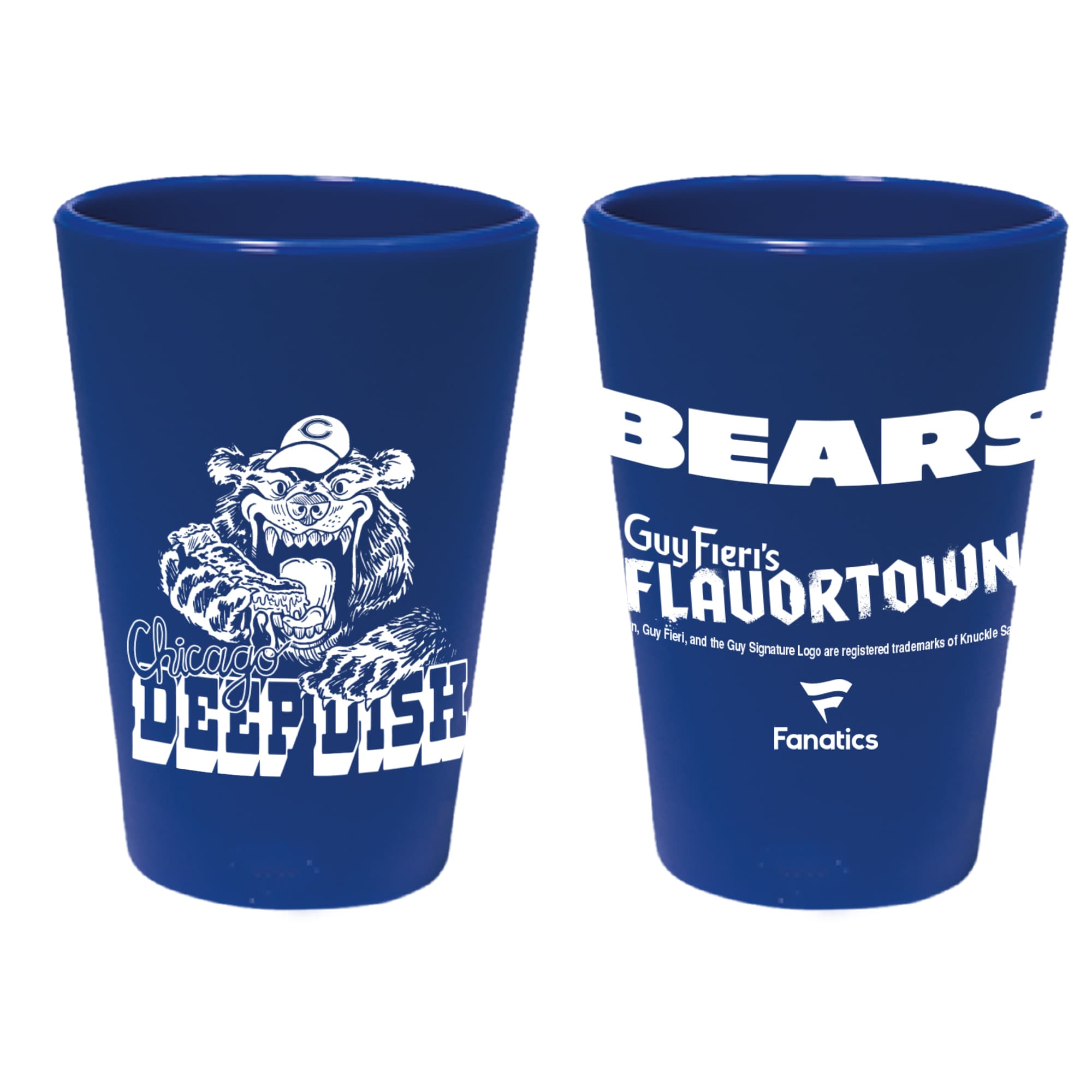 **Left Cup:**
- Chicago Bears
- DEEP DISH

**Right Cup:**
- BEARS
- Guy Fieri's FLAVOR TOWN
- In. Guy Fieri, and the Guy Signature Logo are registered trademarks of Knuckle S
- Fanatics