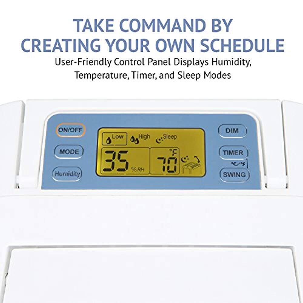 TAKE COMMAND BY CREATING YOUR OWN SCHEDULE
User-Friendly Control Panel Displays Humidity, Temperature, Timer, and Sleep Modes
ON/OFF MODE
Humidity
Low High Sleep
35 %RH
DIM
TIMER / SWING