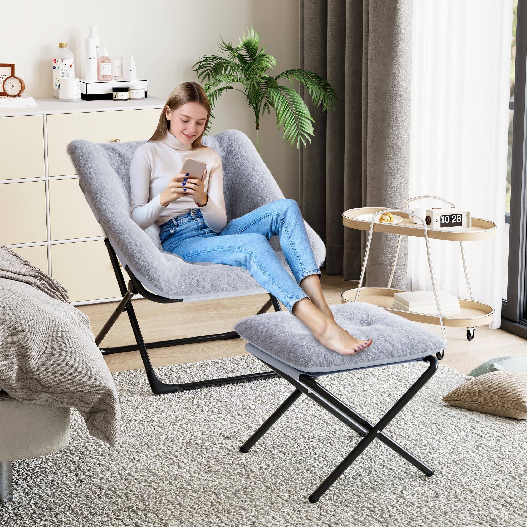 Alt View 4. Jojoka - Folding Dish Saucer Chair with Ottoman, Oversized Faur Fur Lazy Sofa XL Foldable Lounge Comfy Accent Chair - Gray.