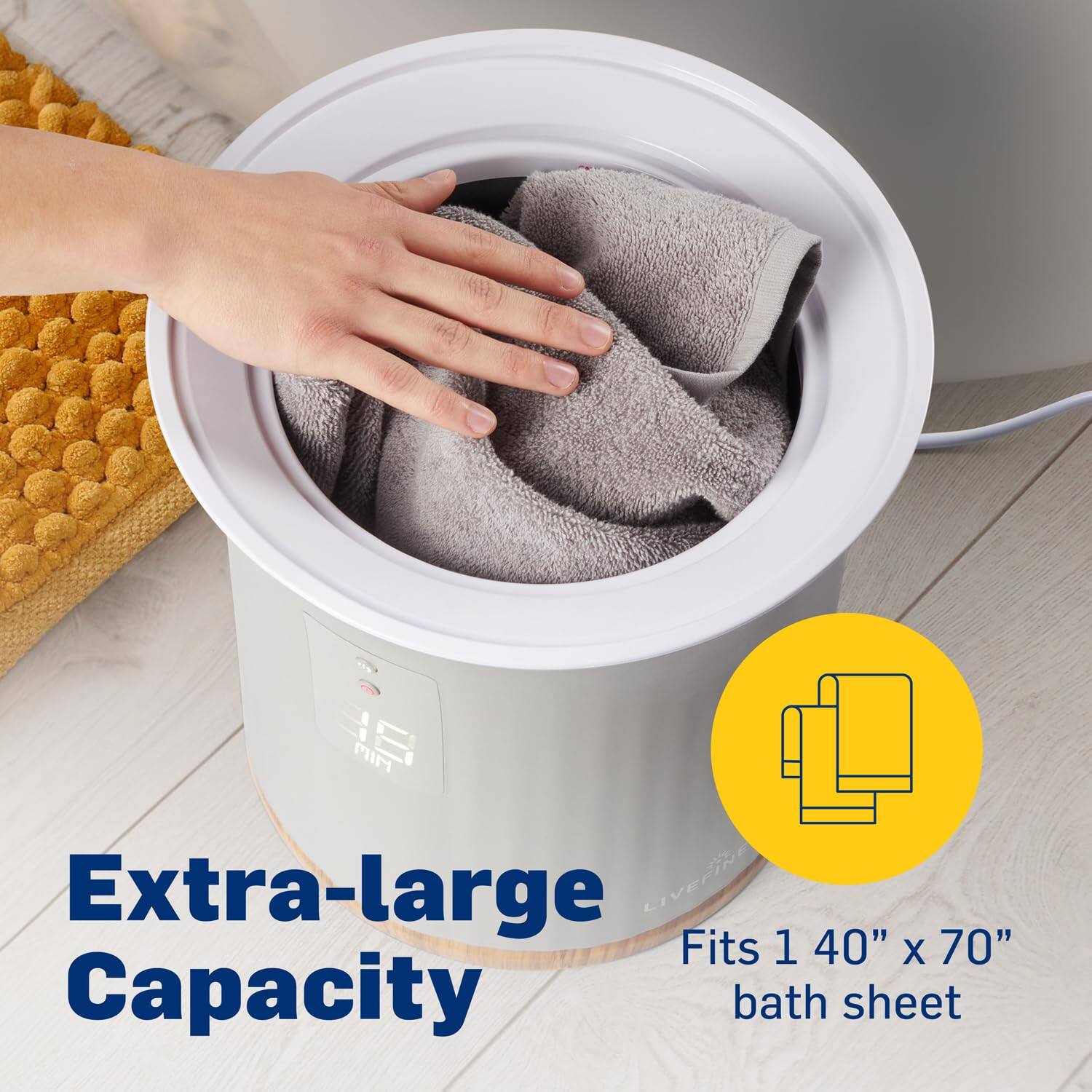 Extra-large Capacity  
Fits 1 40" x 70" bath sheet