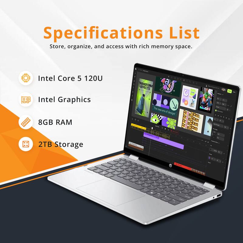 Specifications List  
Store, organize, and access with rich memory space.  

- Intel Core 5 120U  
- Intel Graphics  
- 8GB RAM  
- 2TB Storage